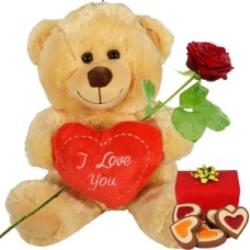 Brown cuddly toy with heart + chocolate hearts + rose (Brown cuddly toy I Love You heart + 140 grams Heart chocolate + red rose in water + bottle of Spanish white wine)
